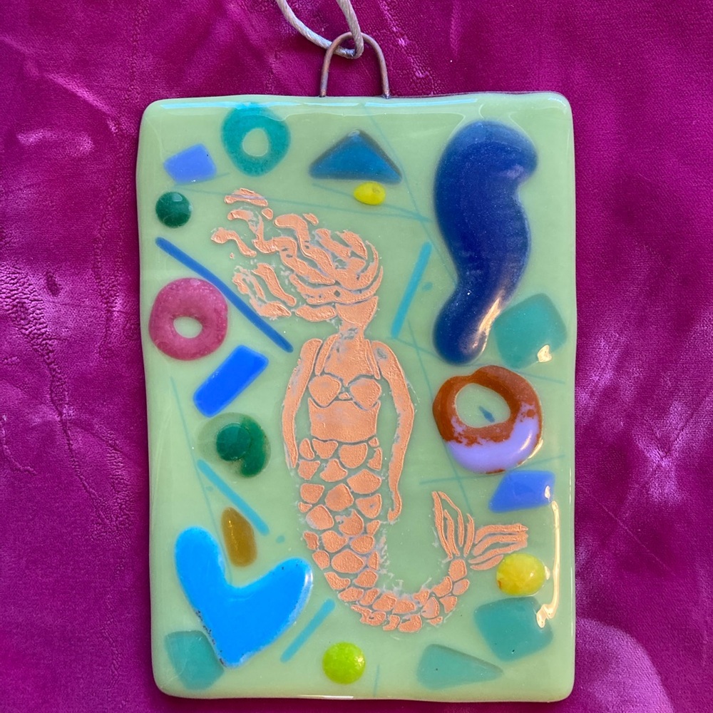 Handmade Hanging Art GlassPlaque Mermaid Design on Mint Green Glass 7”x5”